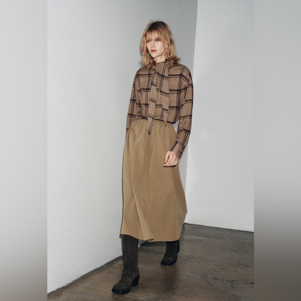 ZARA Flare Full Cape Midi Skirt Taupe Brown Sz Medium M NEW